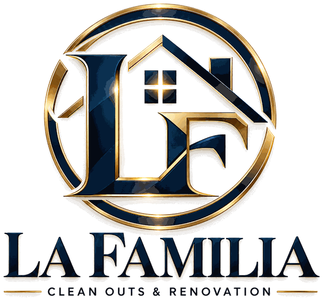 La Familia Clean Outs & Renovation logo: gold LF monogram with a house roof inside a gold ring